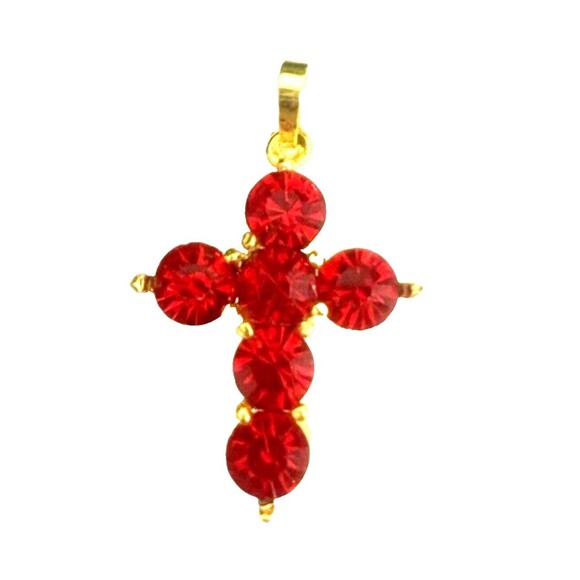 Pendant, Cross with Red Rhinestones Crystals, 18K Yellow Gold on Silver, 1" Long - Picture 1 of 4